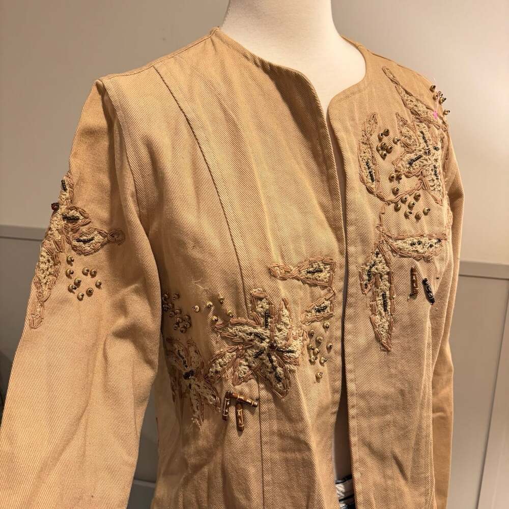 Laura Ashley Embroidered Beaded Linen Jacket Tan Size S - Picture 2 of 13
